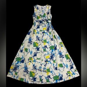 Vintage 1970s poly abstract paint splatter psychadelic maxi dress, vibrant fun